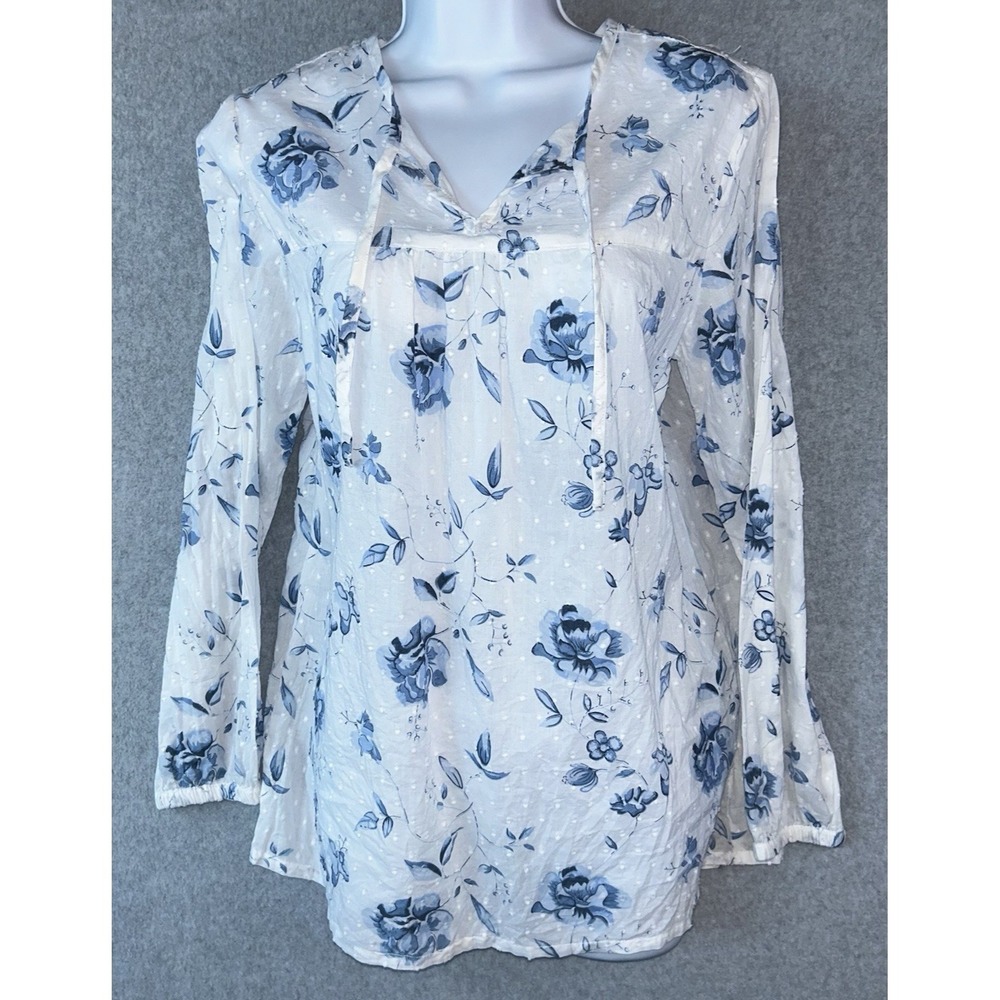 NorthStyle Women's Small Blouse Blue Floral Print Long Sleeve Cotton